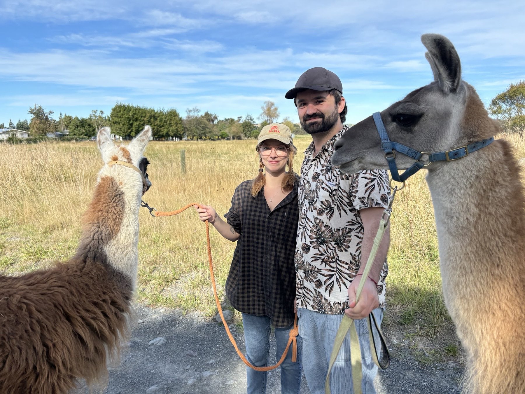 Two happy trekkers standing between their two llamas